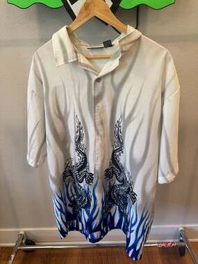 odo Y2K Vintage Dragon and Blue Flames Button-Down Shirt